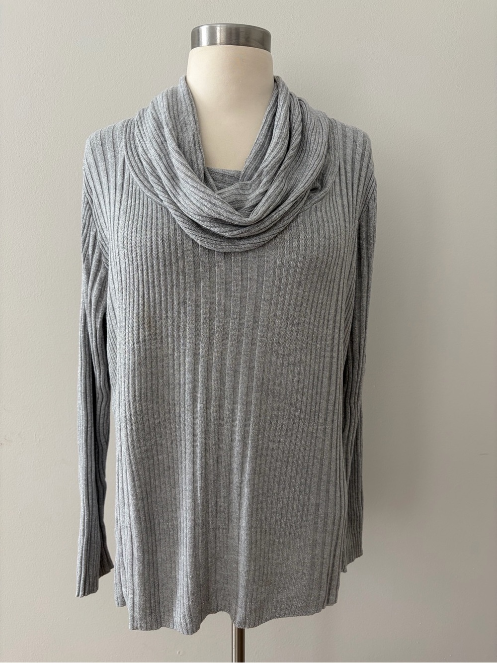 Joseph A Silver Gray Ribbed Cowl Neck Sweater XL Metallic
